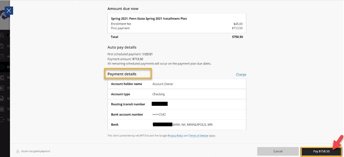 Screenshot of Payment Details page