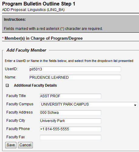 Screen capture of Members in Charge of Program slash Degree on Program Bulletin Outline Step 1 screen.