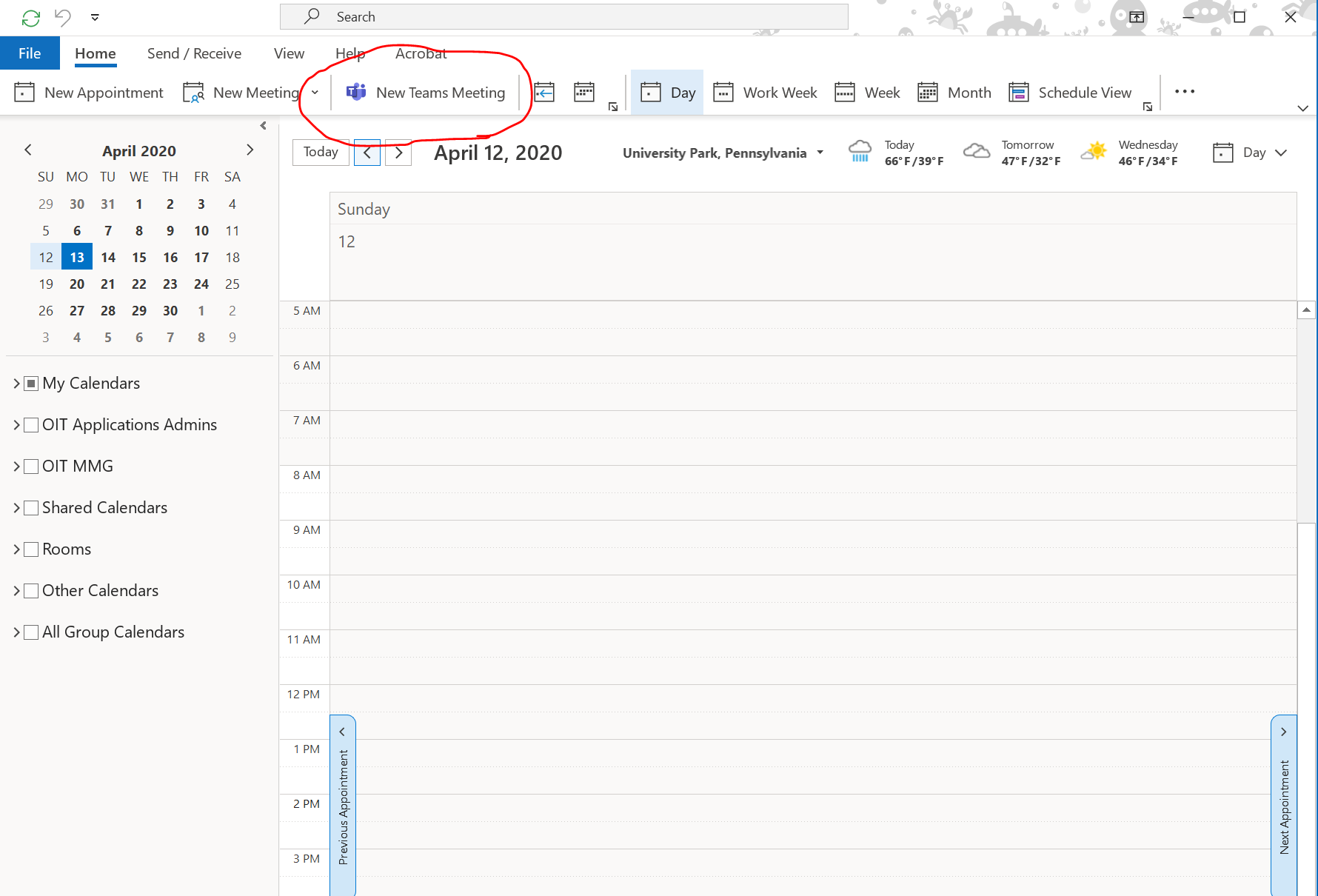 A screenshot of the Microsoft Outlook Calendar with New Teams meeting circled in red.