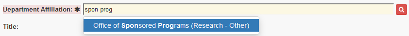 Department Affiliation has a typehead feature where dynamic search results appear as you type.