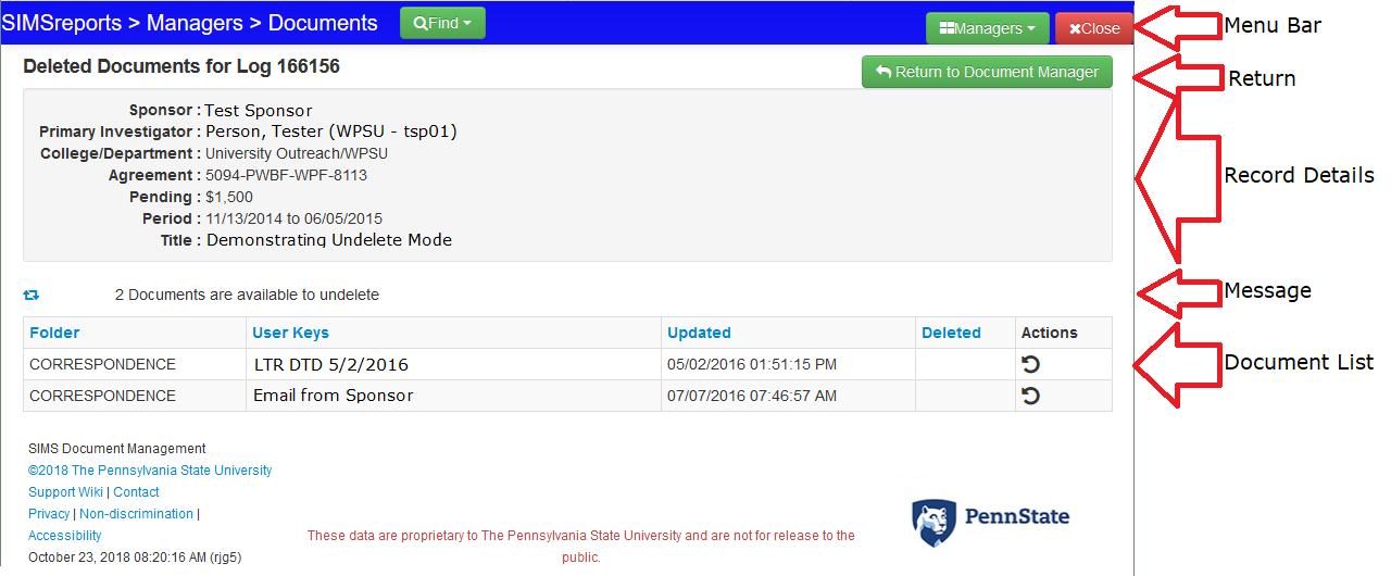 Undelete a Document Screen