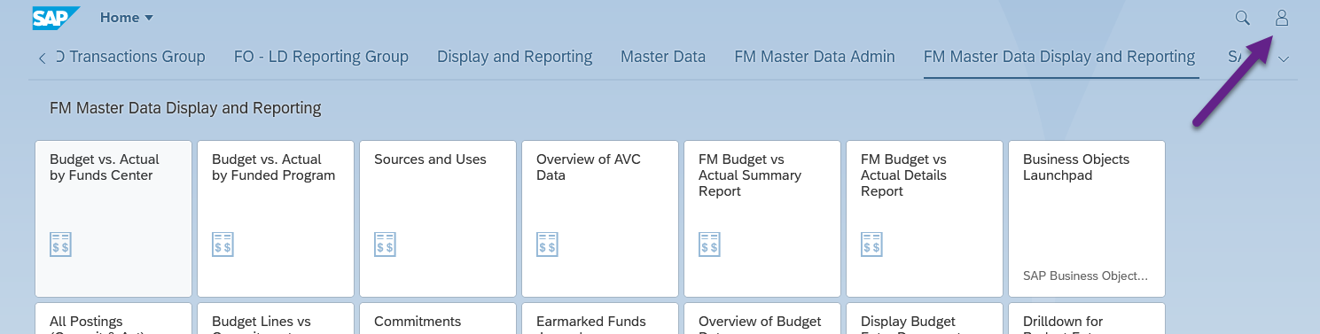 SIMBA home page with arrow pointing to person icon