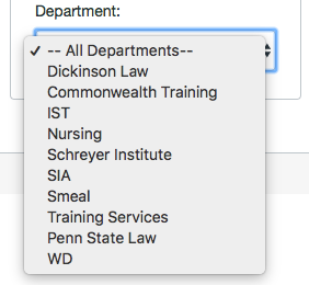 Professional Development department drop-down menu  when Faculty Development, Student Training, or Staff Training was selected in the College drop down menu