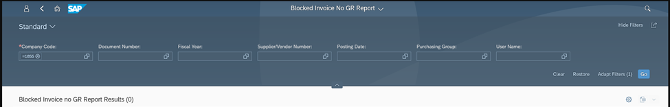 Blocked Invoice No GR Report selection criteria section with Settings icon