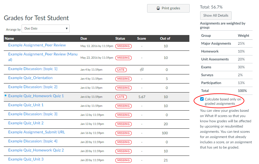 Screen capture of Grades page in student view with Calculate based only on graded assignments check box indicated.