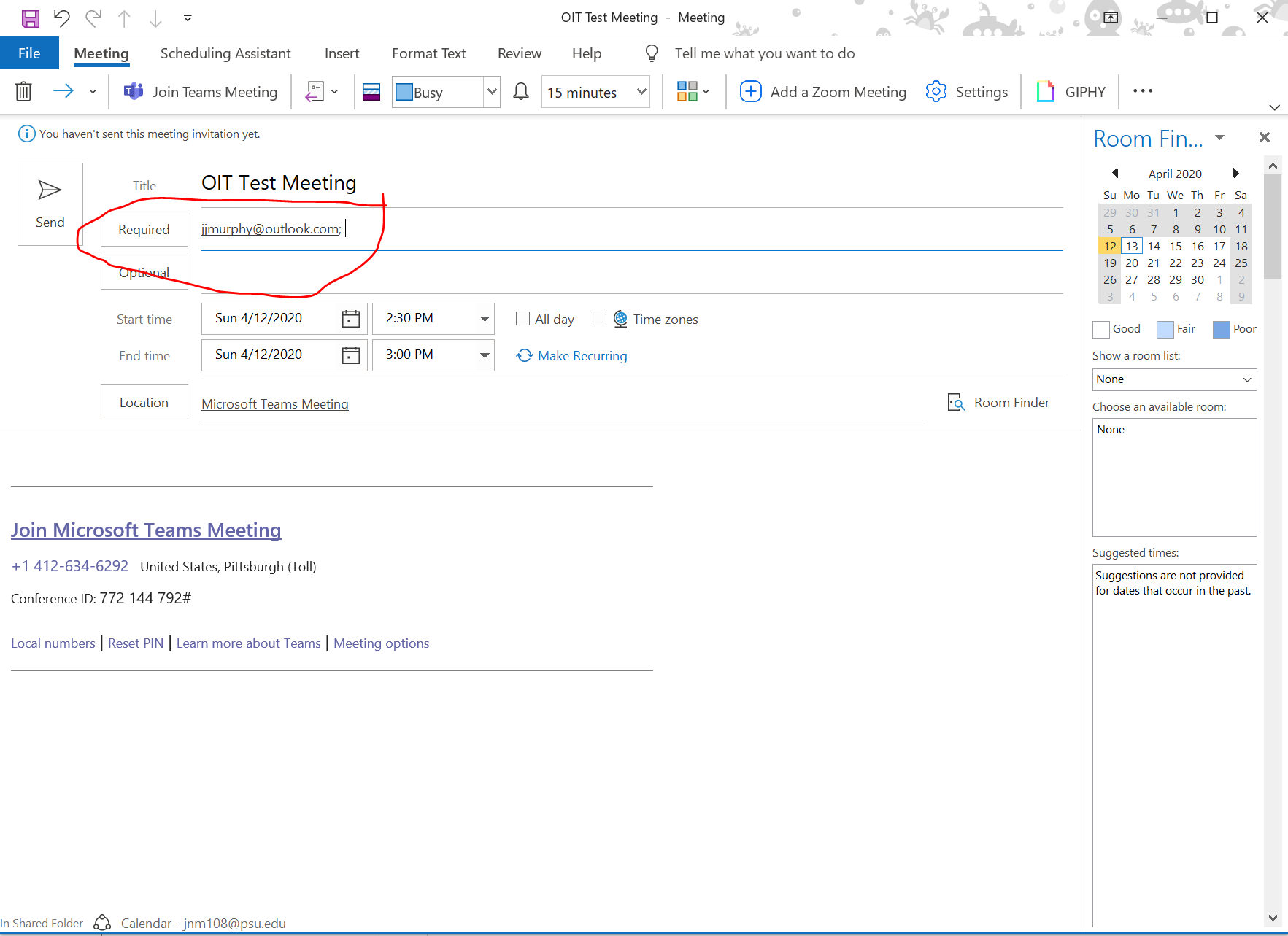 A screenshot of a new meeting invitation in Microsoft Outlook with a non-psu email shown.