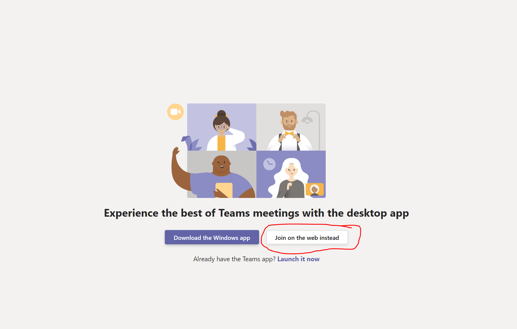 A screenshot of a webpage with Microsoft Teams and two options.  The Option to use the web is circled in red.