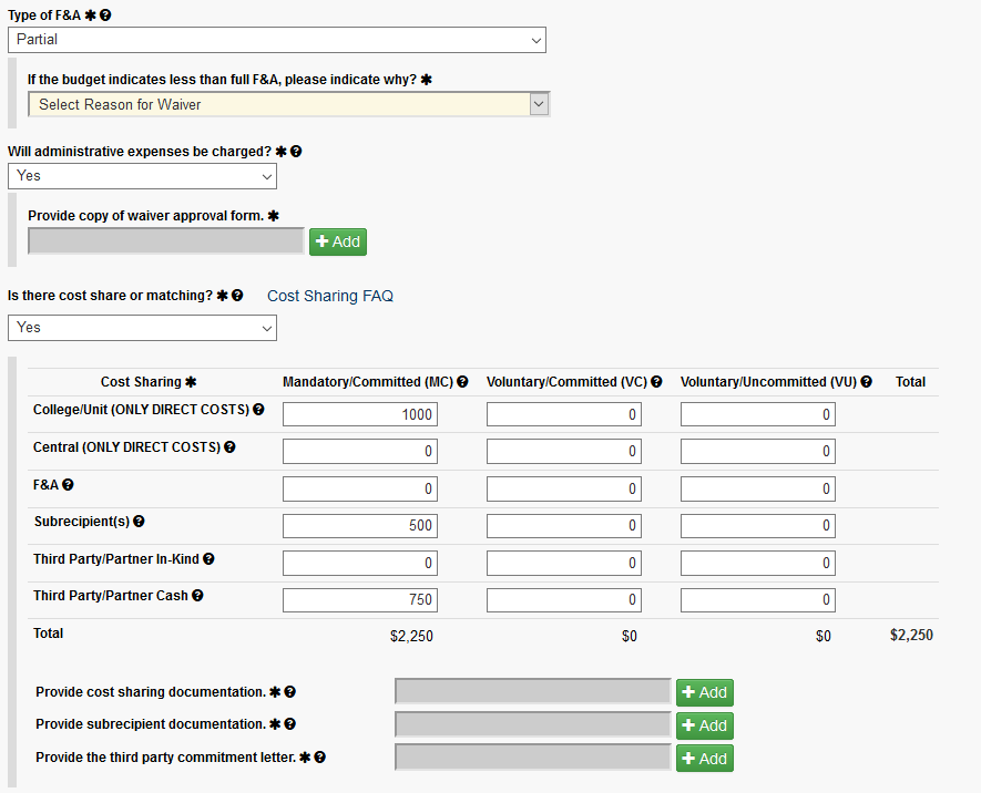 Some waivers tab answers require additional questions (i.e. Cost Sharing).