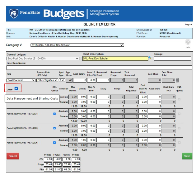 DMSP checkbox checked on the Category V GL line item editor view.