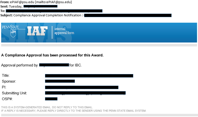 Internal  Approval email which states that "A compliance Approval has been processed for this Award."
