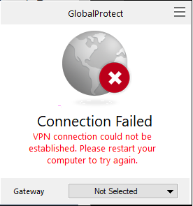 Connection Failed - VPN connection could not be established.  Please restart your computer to try again.