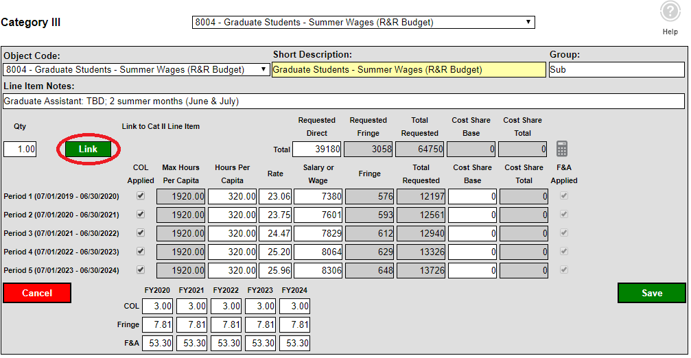 Category III detailed line item view with editable fields.