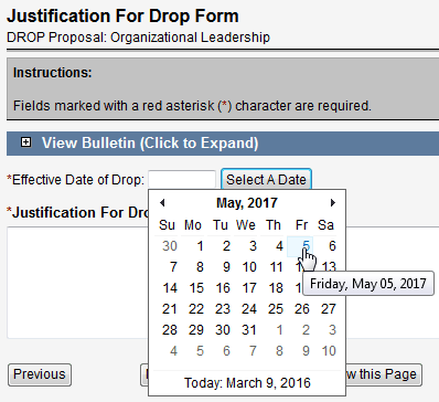 Screen capture of using the Select a Date tool on the Justification For Drop Form.