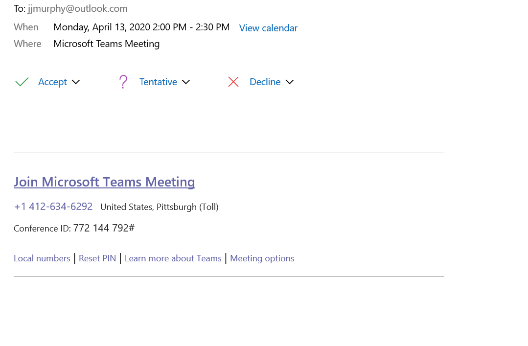 A screenshot of an email invitation that was received with meeting details enclosed.