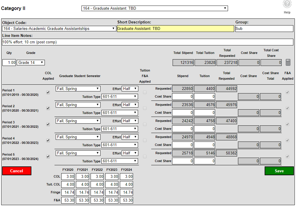 Category II detailed line item view with editable fields.