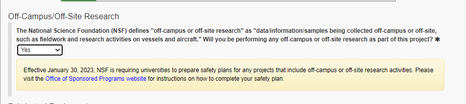 Off-Campus/Off-site Research Question shown as answered yes