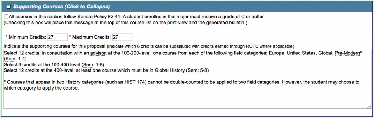 Screen capture of Supporting Courses form with completed information.