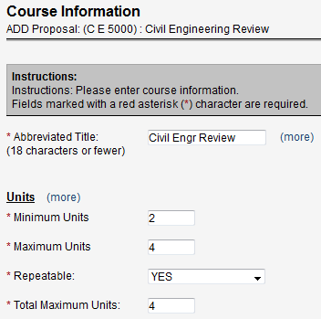 Screen capture of first portion of Course Information screen with Minimum Units, Maximum Units, Repeatable, and Total Maximum Units fields.