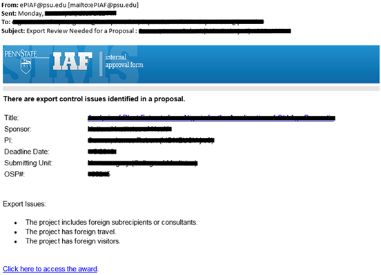 Notification of export control issues