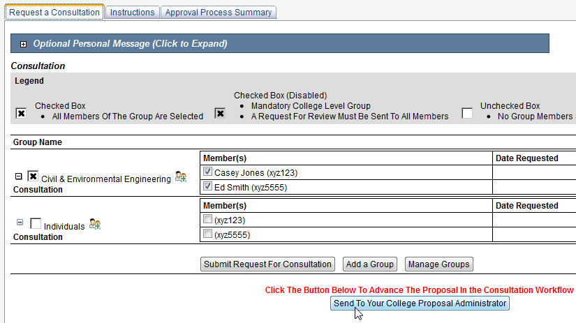 Screen capture of Consultation section of screen with a consultation group checked and Submit Request for Consultation button.