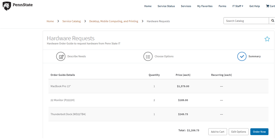 Image of Summary screen on the Hardware Requests Order Guide