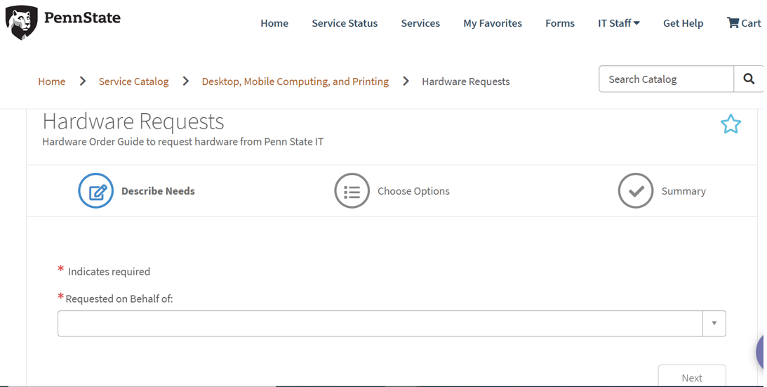 Image of Requested on Behalf of field on the Hardware Requests Order Guide