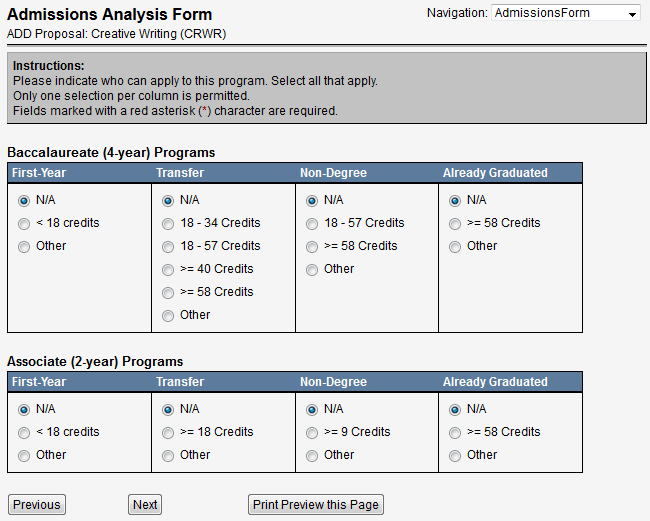 Screen capture of Admissions Analysis Form.