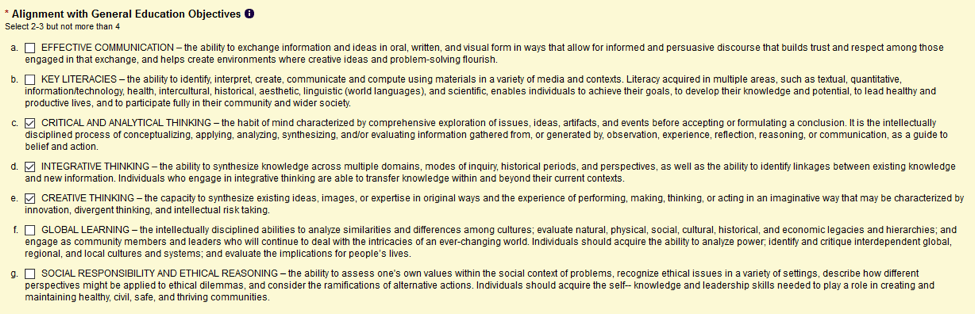 Screen capture of Alignment with General Education Objectives section with check box for each objective.