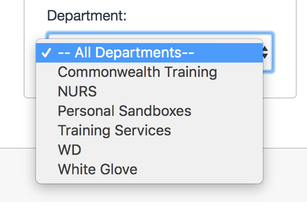 Professional Development department drop-down menu when Canvas Training was selected in the College drop down menu
