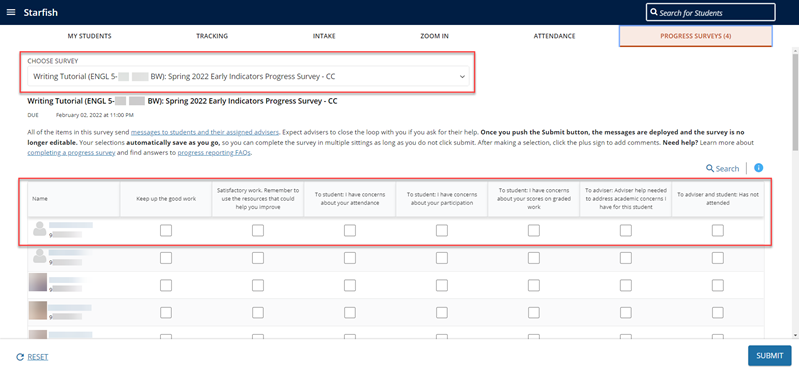 Starfish progress survey screen with checkboxes highlighted on course roster