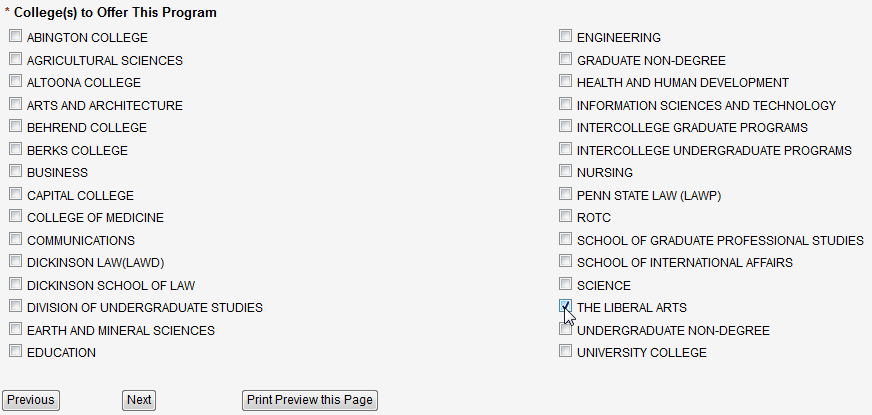 Screen capture of Colleges to Offer This Program section of Program Definition screen.