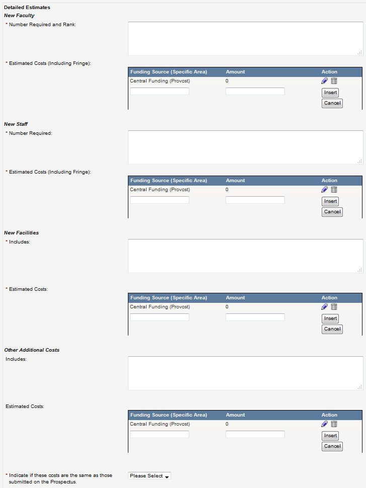 Screen capture of Detailed Estimates form that appears if you selected the radio button indicating central funding is required.