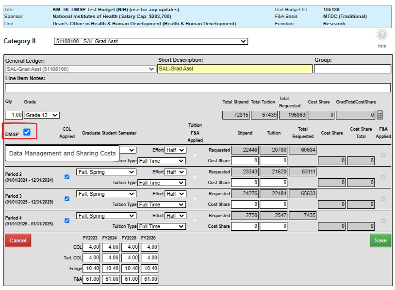 DMSP checkbox checked on the Category II GL line item editor view.