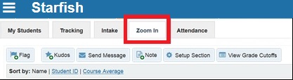 Starfish students tab with the "Zoom In" tab emphasized at the top of the screen.