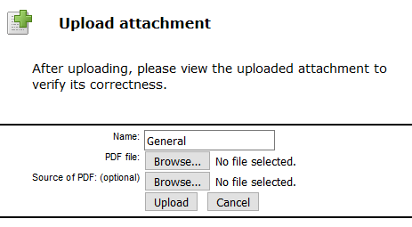 Upload attachment screen with fields to name and select the file.