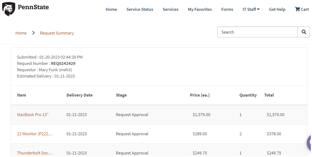 Image of a Hardware Requests Order Guide successful order confirmation screen