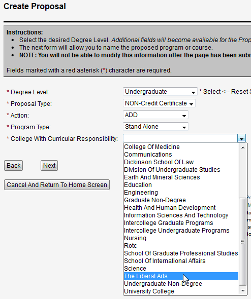 Screen capture of Create Proposal screen with undergraduate, non-credit certificate, add, stand alone, and liberal arts selected.