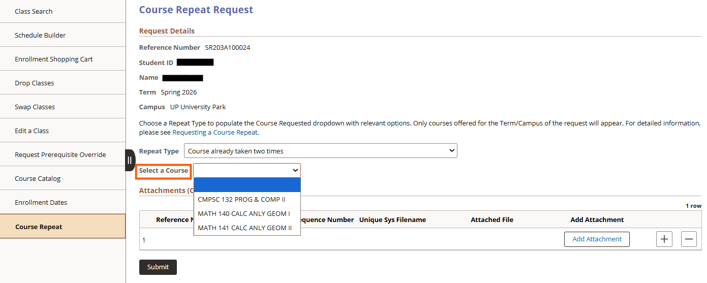 Course Repeat Request with Select a Course dropdown highlighted