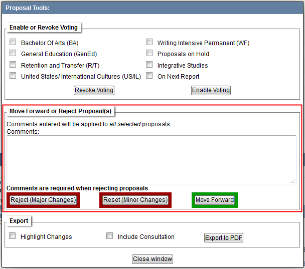 Screen capture of Proposal Tools dialogue box with Move Forward or Reject Proposals section indicated.