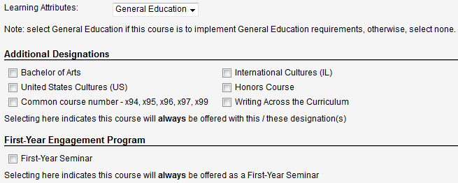 Screen capture of Learning Attributes and Additional Designations section.