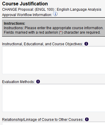 Screen capture of first portion of Course Justification screen.