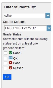 Zoom In filters with "Course Section" dropdown and Grade status checkboxes for Good, OK, Poor, and Missed.