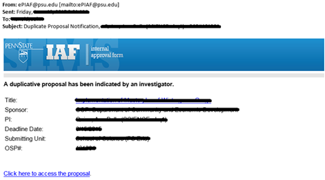 The example email states: "A duplicative proposal  has been indicated by an investigator."