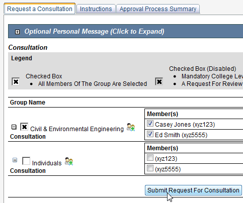 Screen capture of Consultation section of screen with a consultation group checked and Submit Request for Consultation button.