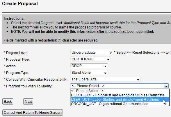 Screen capture of Create Proposal screen with undergraduate, certificate, drop, stand alone, liberal arts, and the program selected.