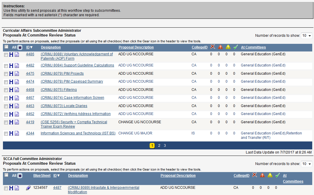 Screen capture of Committee Administrator Portal with list of proposals assigned to those levels.