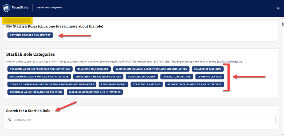 Starfish Role Management (SRM), with arrows to "My Starfish Roles," "Starfish Role Categories," and "Search for a Starfish Role"