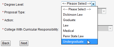 Screen capture of Degree Level pull-down menu with Undergraduate selected.