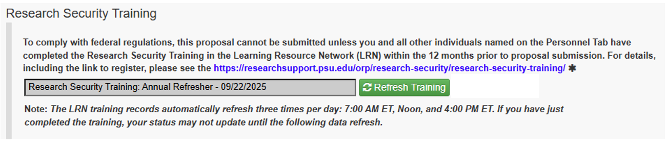 Research Security Training section showing Annual Refresher taken.