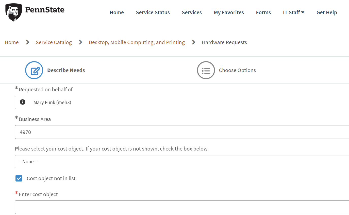 Image of Cost Object information on the Hardware Requests Order Guide
